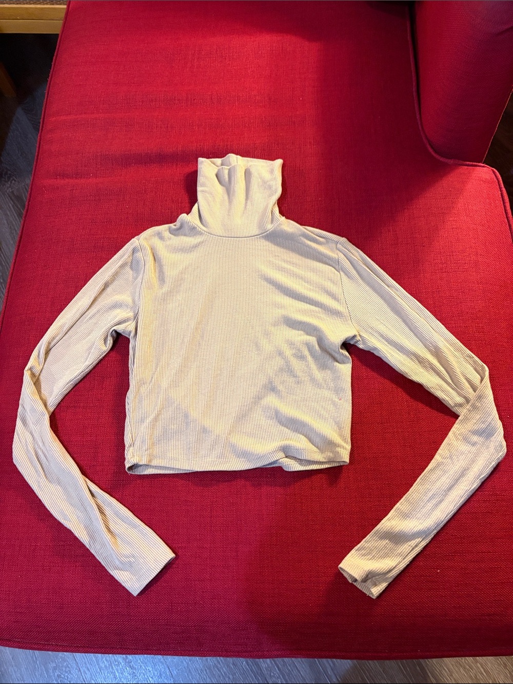 Ribbed Long-Sleeve Waist Turtleneck Top in Tan